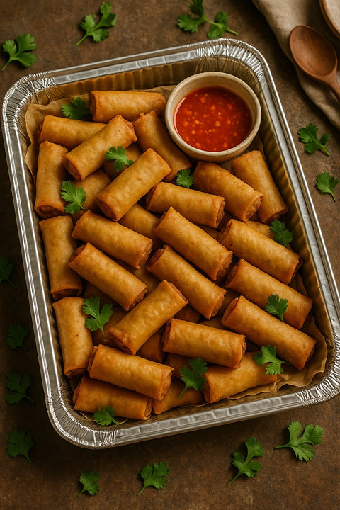 Crispy spring rolls with sweet chilli dip in foil catering tray from Hannah’s Kitchen Cork.