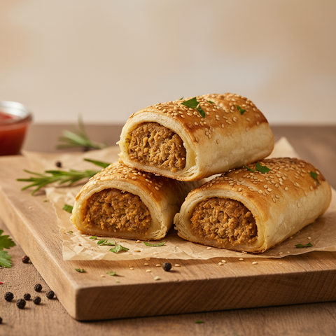 Hannah's Kitchen Vegan Sausage Rolls – plant-based filling of soya bean, yellow split peas, mushrooms, and roasted garlic wrapped in flaky puff pastry, seasoned with parsley, oregano, thyme, and rosemary – catering Cork