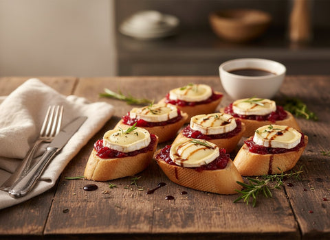 Rustic cranberry and goat’s cheese crostini with fresh herbs on wooden table – festive appetizer from Hannah’s Kitchen Catering Cork