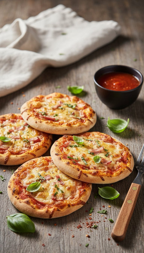 Mini ham and cheese pizzas topped with fresh basil served with tomato dip – party food by Hannah’s Kitchen Catering Cork