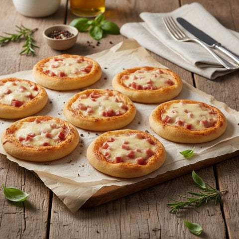 Mini ham and cheese pizza bites topped with melted mozzarella on rustic wooden board – party food by Hannah’s Kitchen Catering Cork