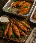 Juicy tandoori chicken skewers with herbs and dipping sauce – Indian street food style from Hannah’s Kitchen Catering Cork