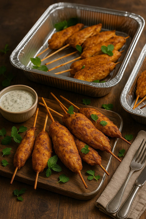 Juicy tandoori chicken skewers with herbs and dipping sauce – Indian street food style from Hannah’s Kitchen Catering Cork
