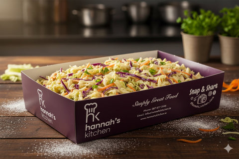 Classic creamy coleslaw with shredded cabbage, carrot, and red cabbage in Hannah’s Kitchen catering tray – fresh side dish Cork catering