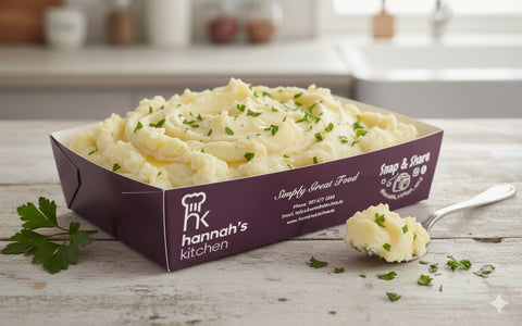 Creamy mashed potato with fresh parsley garnish in Hannah’s Kitchen branded catering tray – freshly made side dish in Cork