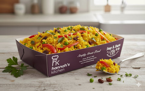 Golden curried rice with peas, peppers, and raisins, served in Hannah’s Kitchen catering tray – flavourful side dish for events in Cork