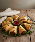 Homemade sausage roll platter with golden flaky pastry, fresh herbs, and cranberry dipping sauce. Handmade by Hannah’s Kitchen Cork
