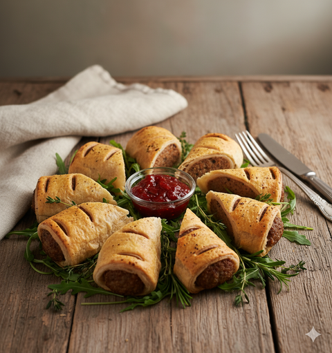 Homemade sausage roll platter with golden flaky pastry, fresh herbs, and cranberry dipping sauce. Handmade by Hannah’s Kitchen Cork