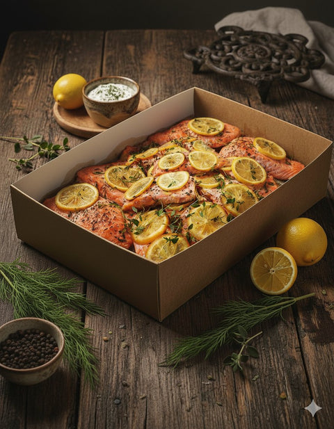 Oven-baked salmon with lemon slices, black pepper, and herbs in catering box – Hannah’s Kitchen Cork.