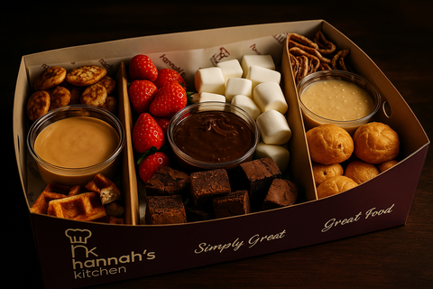 Luxury dessert box with fresh strawberries, brownies, profiteroles, waffles, marshmallows, and dipping sauces. Handmade by Hannah’s Kitchen Cork
