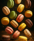 Assorted colourful macarons in flavours like chocolate, pistachio, raspberry, lemon, and coffee. Handmade by Hannah’s Kitchen Cork