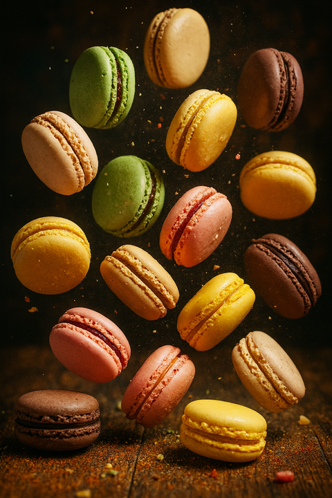 Assorted colourful macarons in flavours like chocolate, pistachio, raspberry, lemon, and coffee. Handmade by Hannah’s Kitchen Cork