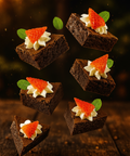 Mini chocolate brownies topped with cream and fresh strawberry pieces. Handmade by Hannah’s Kitchen Cork