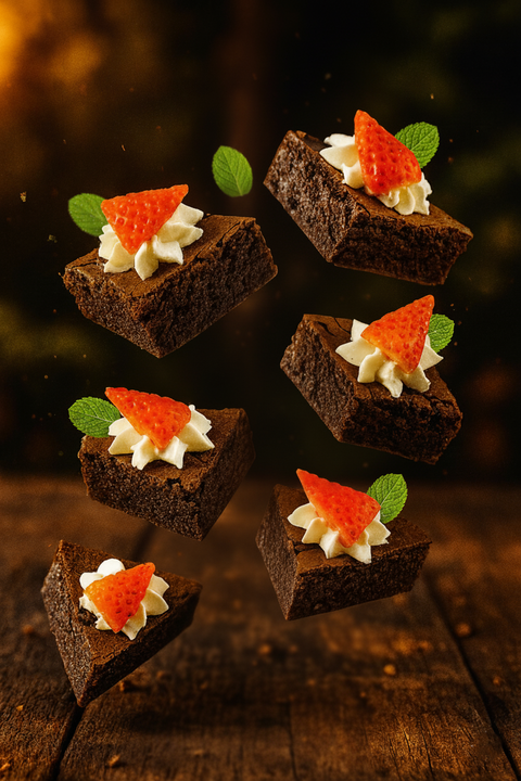 Mini chocolate brownies topped with cream and fresh strawberry pieces. Handmade by Hannah’s Kitchen Cork