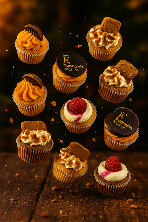 Assorted mini cupcakes with buttercream frosting, biscuits, raspberries, and branded toppers. Handmade by Hannah’s Kitchen Cork