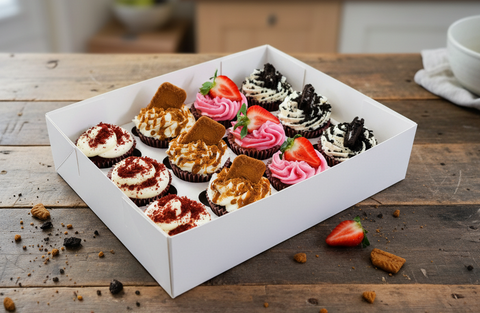Mixed cupcake box featuring red velvet, Biscoff, Oreo, and strawberry-topped cupcakes. Handmade by Hannah’s Kitchen Cork