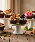 Cupcake display with assorted flavours including red velvet, Biscoff, Oreo, strawberry, and caramel. Presented on white cake stands by Hannah’s Kitchen Cork