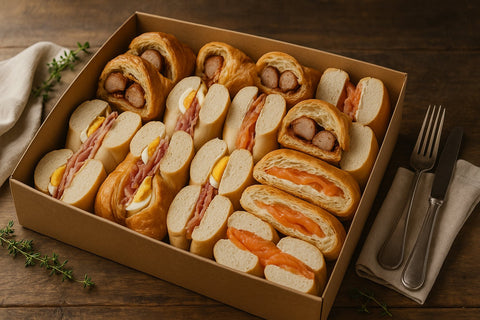 New Yorker breakfast box with bagels, croissants, smoked salmon, sausage and egg from Hannah’s Kitchen Cork.