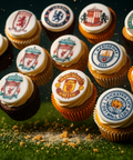 Premier League football club cupcakes with edible logos including Manchester United, Liverpool, Tottenham, Manchester City, Aston Villa, Leicester City, and more. Handmade by Hannah’s Kitchen Cork