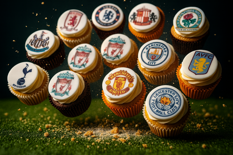 Premier League football club cupcakes with edible logos including Manchester United, Liverpool, Tottenham, Manchester City, Aston Villa, Leicester City, and more. Handmade by Hannah’s Kitchen Cork