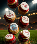 Cork GAA Rebel County cupcakes by Hannah's Kitchen. Red and white cupcakes decorated with 'Up the Rebels' and Cork crests, styled in a stadium setting