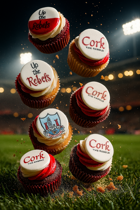 Cork GAA Rebel County cupcakes by Hannah's Kitchen. Red and white cupcakes decorated with 'Up the Rebels' and Cork crests, styled in a stadium setting