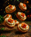 Roasted Pepper & Goat’s Cheese Bruschetta appetisers on toasted bread slices. Handmade by Hannah’s Kitchen Cork