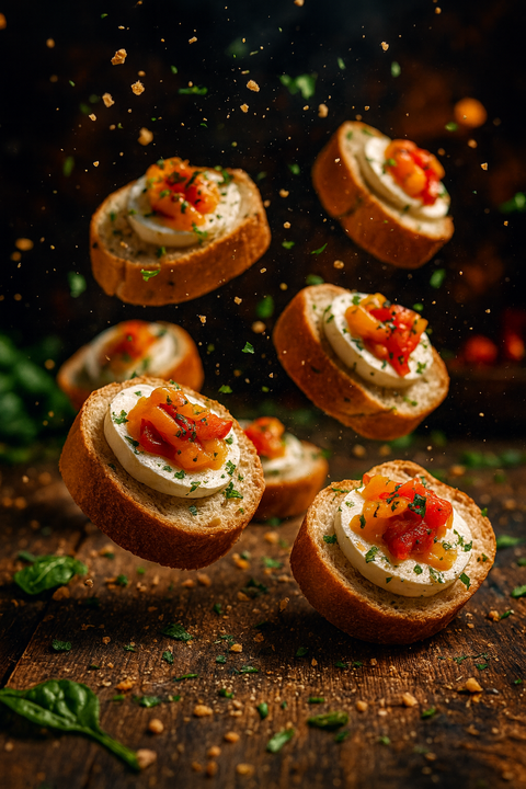 Roasted Pepper & Goat’s Cheese Bruschetta appetisers on toasted bread slices. Handmade by Hannah’s Kitchen Cork