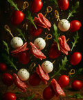 Salami skewers with cherry tomatoes, mozzarella balls, fresh rocket, and herbs. Handmade by Hannah’s Kitchen Cork