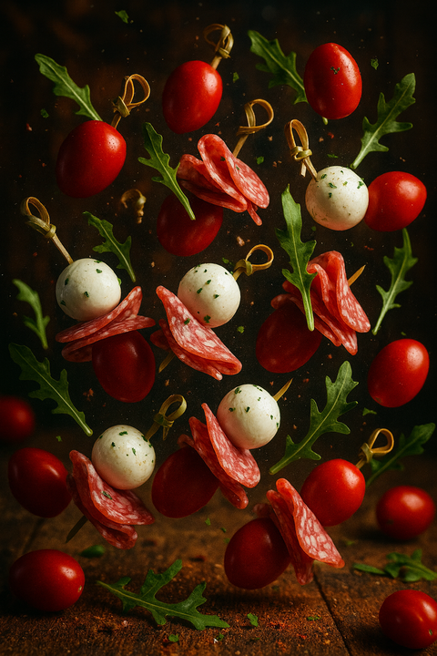 Salami skewers with cherry tomatoes, mozzarella balls, fresh rocket, and herbs. Handmade by Hannah’s Kitchen Cork