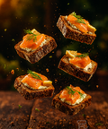 Smoked salmon bites on homemade brown bread with cream cheese, lemon, and fresh dill. Handmade by Hannah’s Kitchen Cork