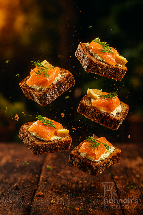 Smoked salmon bites on homemade brown bread with cream cheese, lemon, and fresh dill. Handmade by Hannah’s Kitchen Cork