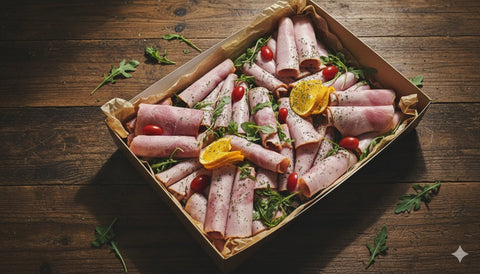 Traditional baked ham platter with fresh garnish – Hannah’s Kitchen catering Cork