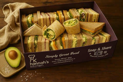 Vegetarian sandwich platter by Hannah’s Kitchen Cork – fresh wraps, layered sandwiches, and healthy fillings served in catering box